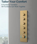 GRANDJOY 23" LED Shower System with Handheld Spray, Brushed Gold control panel with five function knobs for shower features.