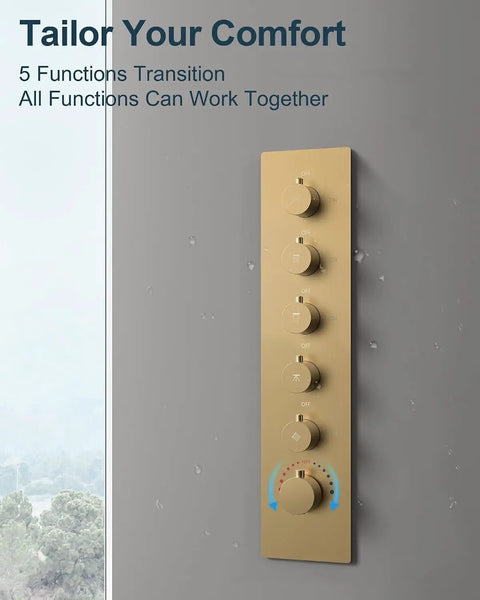 GRANDJOY 23" LED Shower System with Handheld Spray, Brushed Gold control panel with five function knobs for shower features.