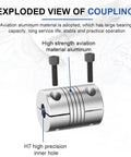 Exploded view of Heavy Duty Aluminum Clamping Shaft Coupler For Step Motors 4 6mm Bore with screws and precision inner hole.
