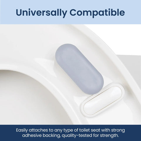 Close-up of Universal Non Slip Toilet Seat Bumpers 4 Piece Set With Strong Adhesive installed on a white toilet seat.