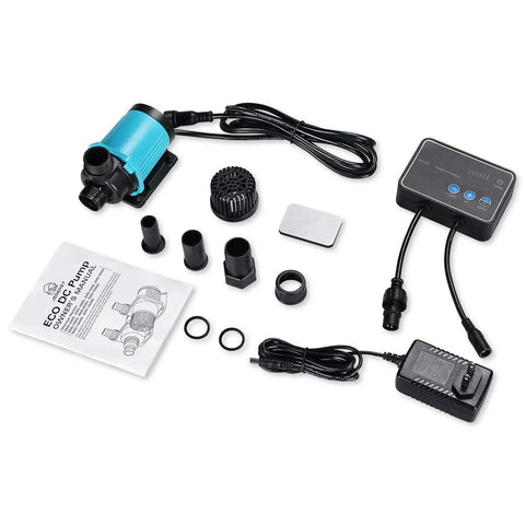 800GPH 24V DC Submersible Return Pump With Controller, 6 Speed Adjustable Flow From 30 Percent To Full, 12.5 Ft Lift, Inline Or Submersible, shown with accessories.
