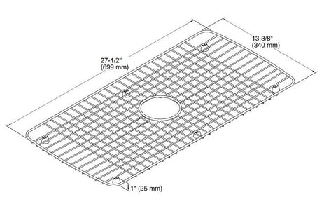 Diagram of Cape Dory Stainless Steel Sink Rack for Bottom Basin 27.5 x 13.38 inches with dimensions and center hole.