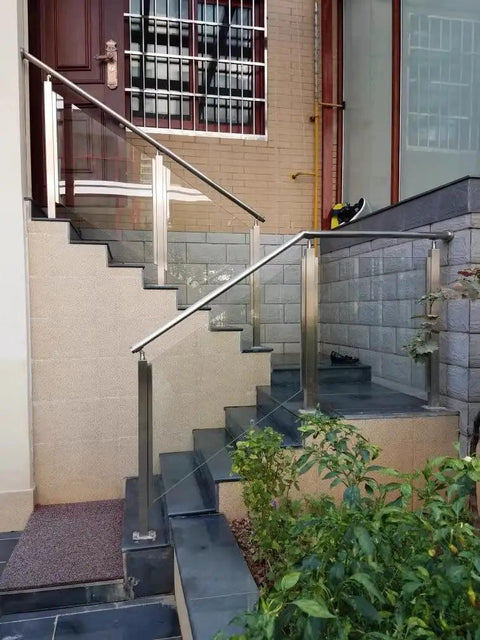 Hella Sturdy Gold Stainless Steel Deck Railing Posts For 10Mm To 12Mm Glass Panels Chef Kiss Finish installed on steps.
