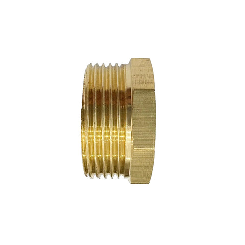 Brass NPT reducer bushing, 1-1/4 in male x 3/4 in female, hex pipe fitting