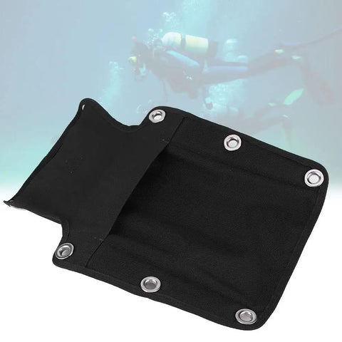 Scuba Backplate Pad Cushion for BCD Harness, Black Nylon Durable Dive Gear Pad with Screws, Universal Fit, shown underwater