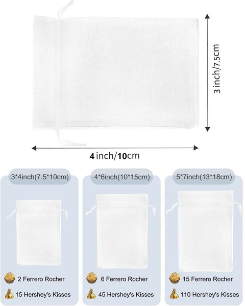 White Organza Drawstring Bags 100 Pack 3x4 Inch Small Sheer Gift Bags for Jewelry Wedding Favors with size comparisons