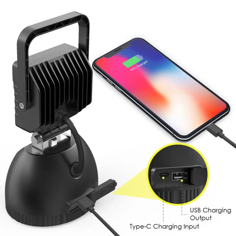 Rechargeable Foldable LED Work Light 32W with 8000mAh Battery, IP65 Waterproof, USB charging feature shown