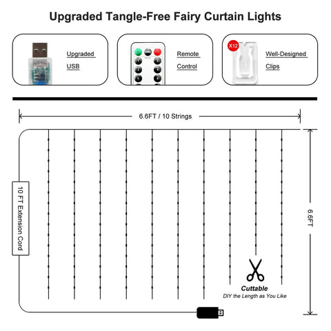 Diagram of Upgraded Tangle-Free Warm White USB Curtain Lights With 200 LEDs, 6.6Ft By 6.6Ft Window String, Remote Included, 8 Modes, Cuttable For DIY Decor