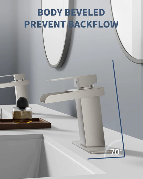 Waterfall Bathroom Faucet In Brushed Nickel Modern Single Handle Or 3 Hole Sink Faucet With Deck Plate And Pop Up Drain Easy Clean Finish Stylish Washbasin Tap For Any Bathroom Vanity installed on bathroom sink