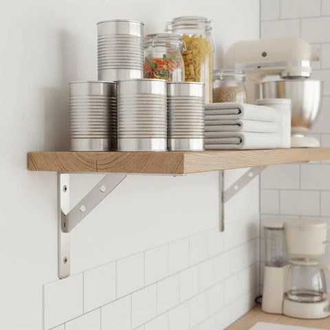 Stainless Steel Triangular Wall Shelf Bracket For Standard Wood Planks with kitchen items, silver finish, side view.