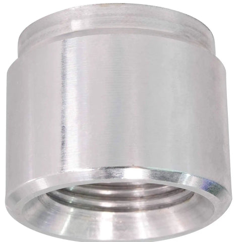 Close-up of Aluminum M12-1.5 Weld On Bung With Female Nut Threaded Insert for Flush Mounting, showcasing recessed weld end.