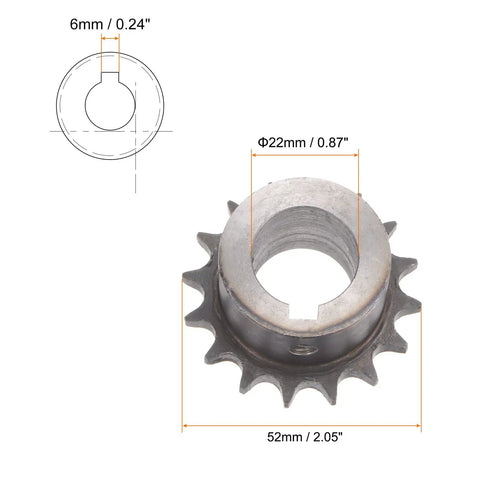 Heavy Duty 16 Tooth Roller Chain Sprocket With 3 By 8 Inch Pitch, 22mm Bore, 6mm Keyway, 19mm Hub, 52mm Outer Diameter, A3 Carbon Steel.