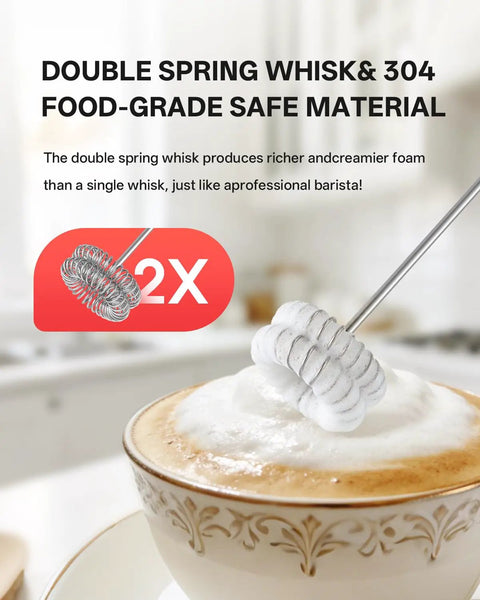 Top Shelf Rechargeable Two Speed Milk Frother With Dual Spring Stainless Whisk, Handheld Cordless Mixer creating rich foam on latte.