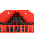 Hardened Combined Press Plate 58 Piece Stud Clamp Kit for Milling Machines with organizer and various studs in red case.