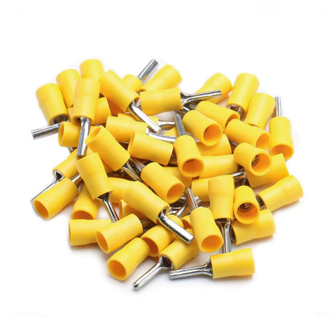 Insulated Yellow 0.11 Inch Pin Terminals Quick Disconnect Set, 50 Pack, 12-10 AWG Wire, Tin Plated Copper Crimp Connectors