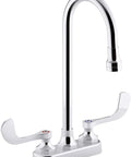 Polished Chrome Centerset Bathroom Faucet With Gooseneck Spout And Wristblade Handles, 1.0 GPM Aerated Flow, Solid Brass Build, ADA Compliant