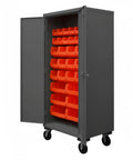 Rock Solid Industrial Mobile Steel Storage Cabinet 36 X 24 X 81 Inches with red sorting bins and locking doors.