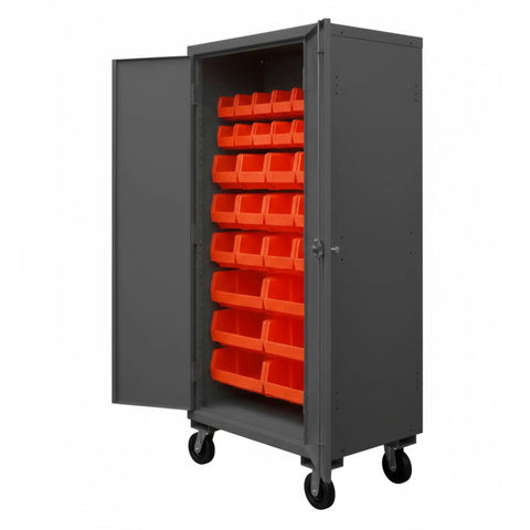 Rock Solid Industrial Mobile Steel Storage Cabinet 36 X 24 X 81 Inches with red sorting bins and locking doors.
