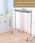 Side view of Movable Mop and Broom Organizer Cart With Lockable Wheels, without tray, stainless steel, 10 racks, 12 hooks.