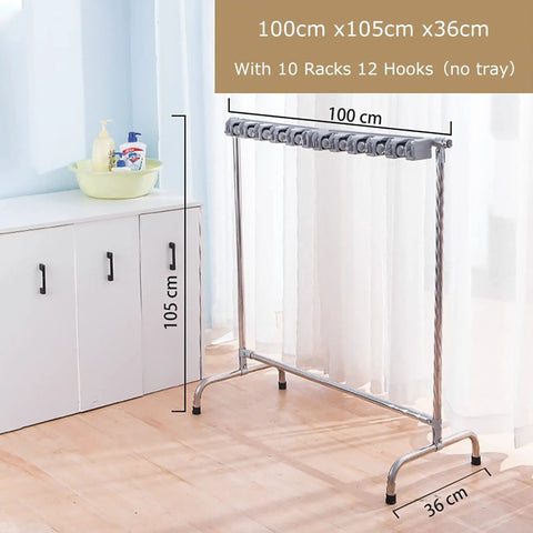 Side view of Movable Mop and Broom Organizer Cart With Lockable Wheels, without tray, stainless steel, 10 racks, 12 hooks.