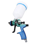 Pro Grade Hvlp Gravity Feed Paint Sprayer with Slick Adjustable Controls showing aluminum cup and precision nozzle.