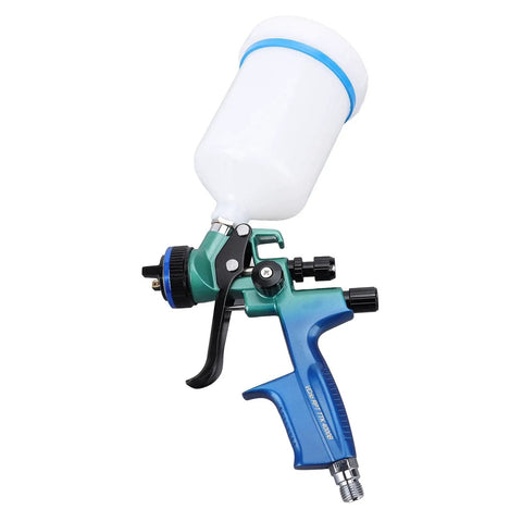 Rock Solid HVLP Spray Gun With Smooth 1.3mm Stainless Steel Tip And Rugged Copper Cup G1/4 Fast Swap Adjustable Dial Lightweight Frame in green with white cup.
