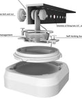 Exploded view of No Drill Mount Bracket for Chamberlain Garage Door Opener, showing tool-free bolt, wire management and self-locking buckle.