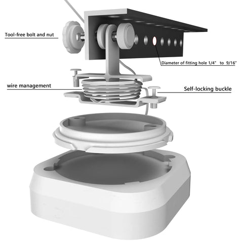 Exploded view of No Drill Mount Bracket for Chamberlain Garage Door Opener, showing tool-free bolt, wire management and self-locking buckle.