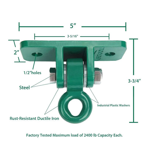Dimensions and details of the Beefy 10000 Lb Heavy Duty Swing Hanger Set For Indoor Outdoor Swing Sets Pack Of Four Green Weatherproof Iron Hangers.