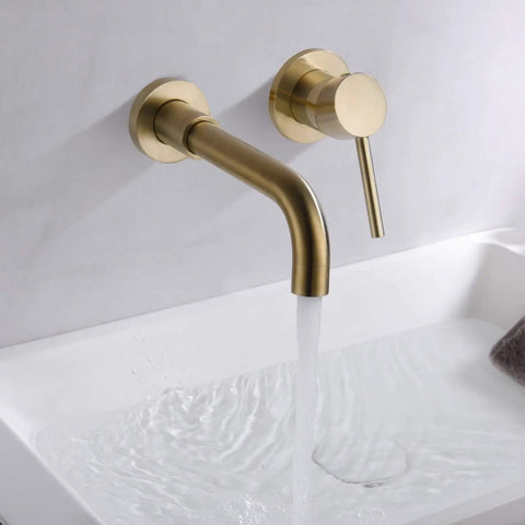 Wall Mount Bathroom Faucet In Brushed Gold With Single Handle And Brass Rough In Valve Solid Brass Construction CUPC Certified ASME