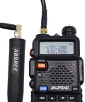 23.6 Inch Coaxial Antenna Extension Cable with SMA connectors attached to Baofeng UV-5R radio for enhanced transmissions.
