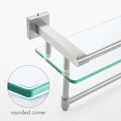 Rustproof Glass Bathroom Shelf With Towel Bar And Rail Heavy Duty SUS304 Stainless Steel Wall Mount In Brushed Finish close-up