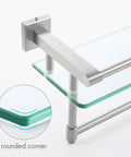 Bathroom Glass Shelf With Towel Bar And Rail 19.6 X 5.9 Inches Heavy Duty Rustproof SUS304 Stainless Steel Brushed Finish with rounded corner detail