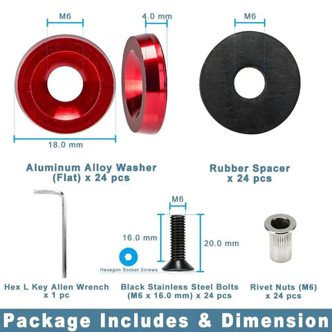 Contents of 18mm Red Flat Black Bolt Washer Kit For Widebody Fender Flares Stealth Aluminum Hardware Pack including washers and bolts