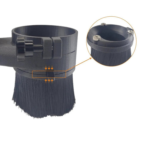 Pro Grade Cnc Spindle Dust Shields Featuring Tough Detachable Bristles That Mop Up Nasty Sawdust Like A Champ While Locking In Motor Life For Your 300W And 500W Router Machines detailed view of brush attachment with black bristles.