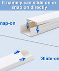 4 Pack 58 Inch Cord Hider Kit With Flat Ends, No Fuss Seamless Cable Covers 14.5 Inch Each, white PVC raceway shown snap-on and slide-on