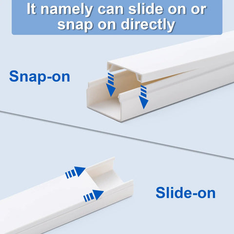4 Pack 58 Inch Cord Hider Kit With Flat Ends, No Fuss Seamless Cable Covers 14.5 Inch Each, white PVC raceway shown snap-on and slide-on