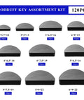 Woodruff key assortment kit, 120pcs, carbon steel semicircular keys in 12 sizes, front view.
