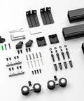 Heavy Duty Sliding Barn Door Track Kit With Ceiling Mount Box Rail components and hardware display.