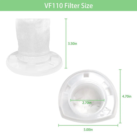 Diagram showing VF110 Replacement Vacuum Filter size dimensions for Black Decker Cordless Vacuums CHV1210 CHV1410 CHV1510.