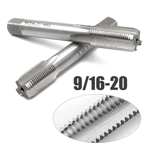 Close-up view of Nine Sixteenth Inch HSS Tap Set For Bicycle Crank Repair Left And Right Threaded Taps 20 TPI Durable High Speed Steel.