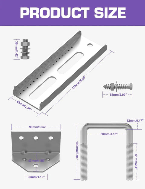 Dimensions and components of 8 Inch Heavy Duty Galvanized Boat Trailer Bunk Brackets Swivel-Top Kit 4 Pack With Hardware shown
