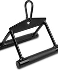 Heavy Duty Knurling Black Double D Cable Row Handle With 880 Lb Capacity for home gym workouts, knurled grips, carabiner attached.