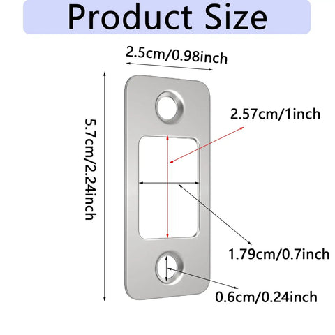 Diagram of Stainless Steel Round Corner Deadbolt Strike Plate, 1 Inch By 2.25 Inch, showing measurements and dimensions.