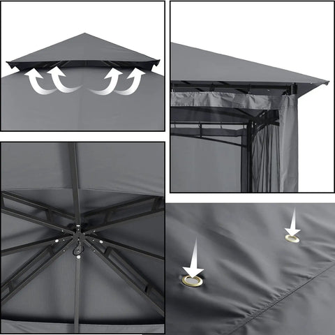 Close-up views of Sturdy 10x12 Patio Gazebo with outdoor steel frame and mosquito netting for lawn, backyard, deck