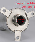 Front view of stainless steel manual well pump flange with 1.26 in threaded inlet and three mounting tabs.