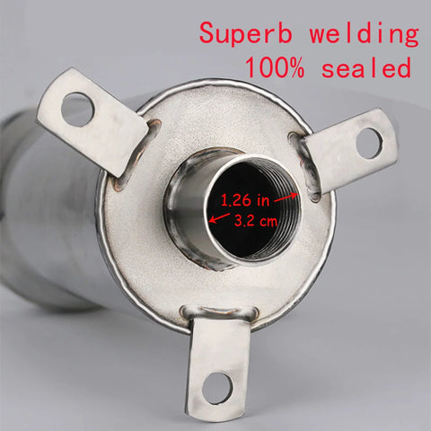 Front view of stainless steel manual well pump flange with 1.26 in threaded inlet and three mounting tabs.