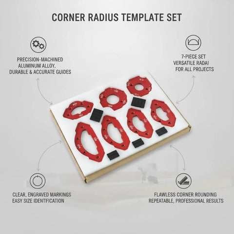 Image of Seven Piece Aluminum Corner Radius Template Kit For Precision Woodworking And Cabinet Edge Rounding With Standard Router Compatibility.