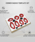 Slick 7 Piece Aluminum Corner Radius Template Set For Clean Router Edge Guiding And No Sweat Cabinet Door Rounding Kit With Dead On Precision Arc Layout Jig, showing red aluminum jigs with clear markings.