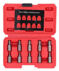 Super Cool 10 Piece Screw Extractor Set Made From Tough Chrome Moly Steel To Rip Out Stripped Bolts and Broken Fasteners With Ease Featuring Red Storage Box For Easy Tool Organization, red case open